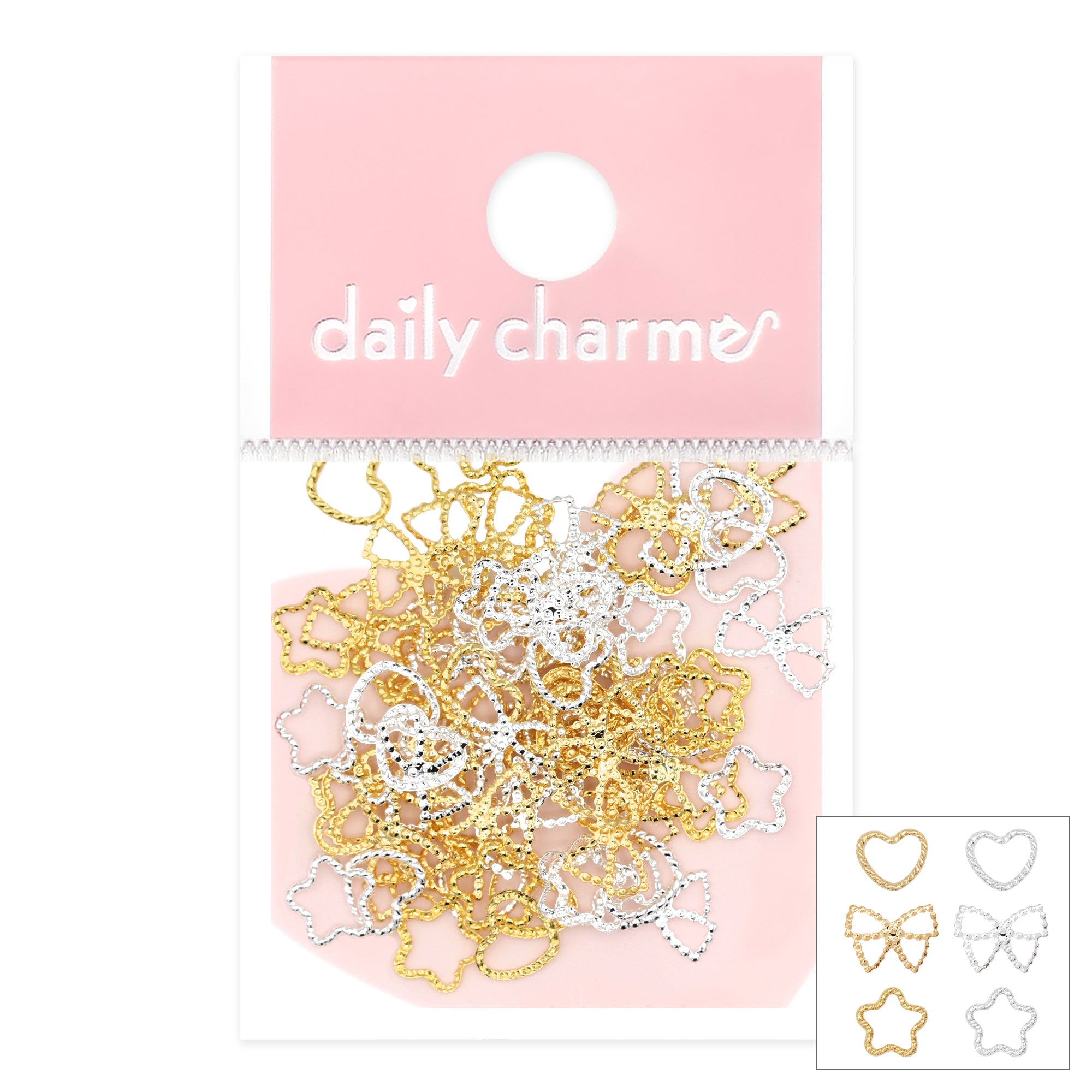 Glitz Frames Mix / Gold & Silver Heart Bow Star Glitz Nail Frames / Gold & Silver Metal Studs Decor