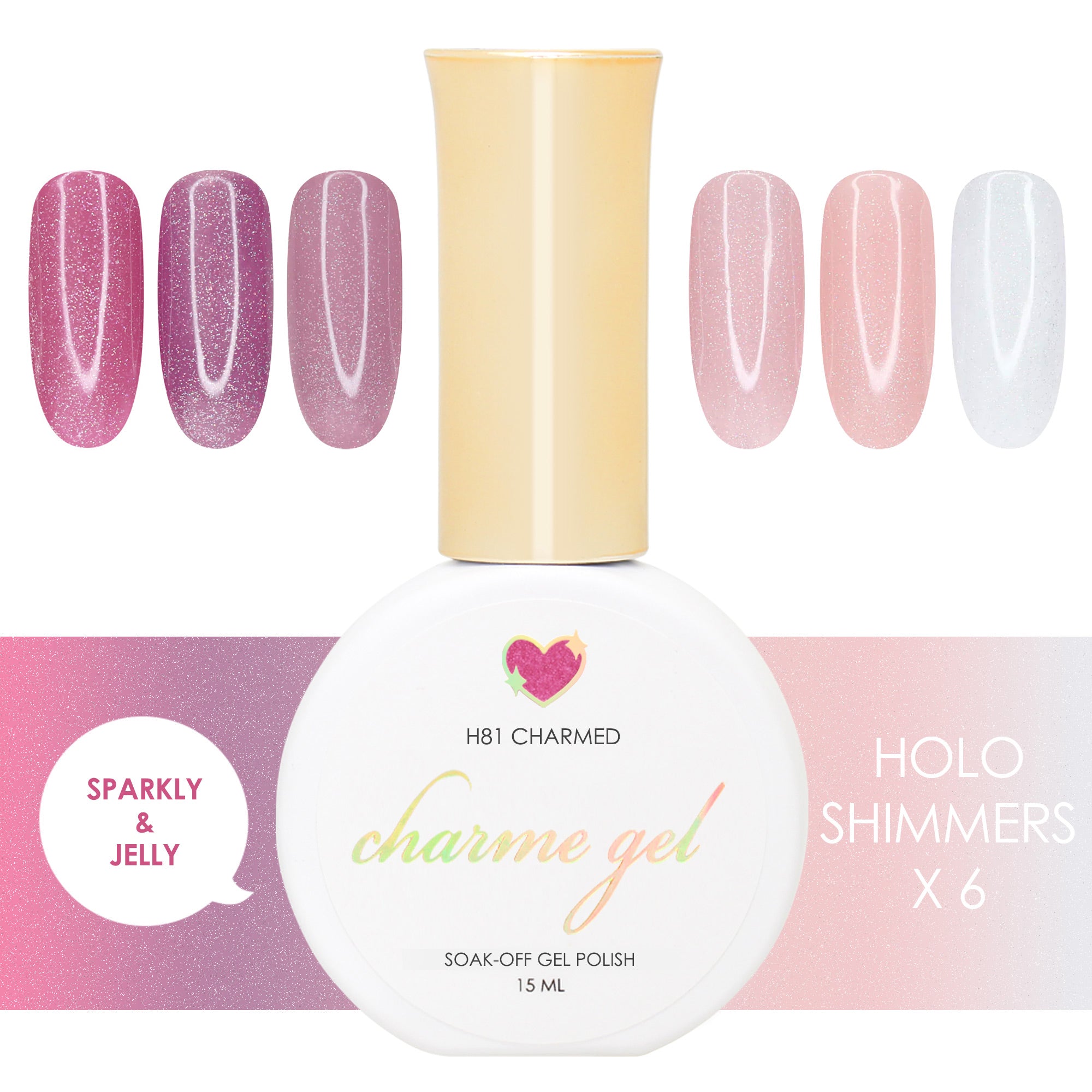 Charme Gel Holographic Shimmer Collection / 6 Colors Pink Rose Beige Polish