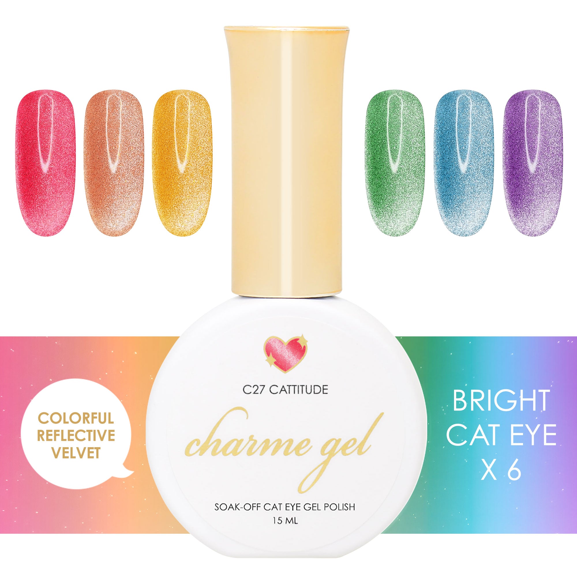 Charme Gel Bright Velvet Cat Eye Collection / 6 Colors Charme Gel Bright Velvet Cat Eye Magnetic Polish / 6 Colors Rainbow Red Blue Green Purple