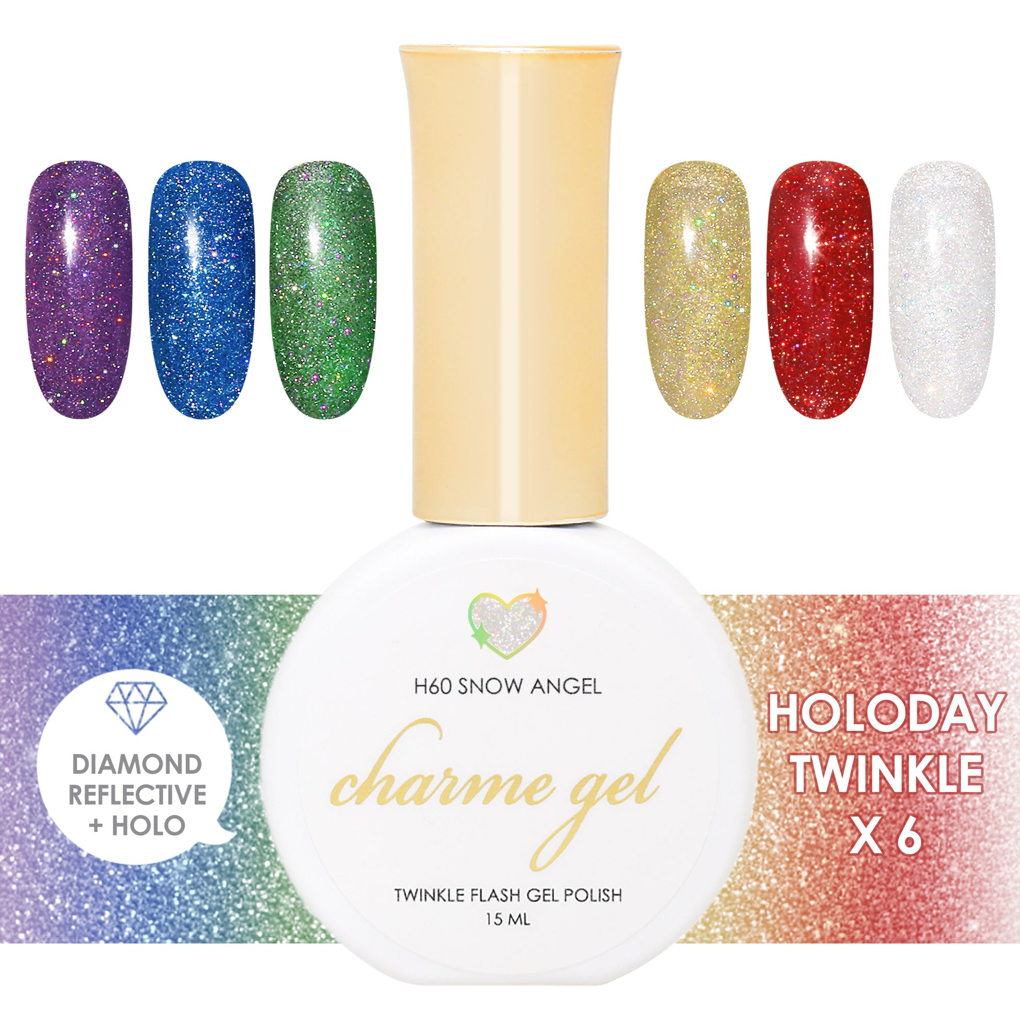 Charme Gel Holoday Twinkle Flash Collection / 6 Colors Charme Gel Holoday Twinkle Flash Collection / 6 Colors / Purple Blue Green Gold Red White Nail Polish