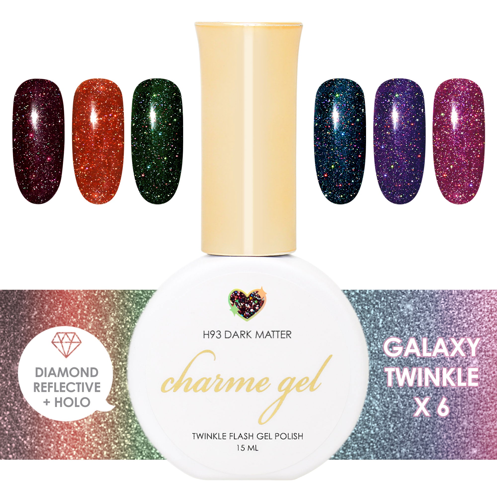 Charme Gel Galaxy Holo Twinkle Flash Collection / 6 Colors Charme Gel Galaxy Holo Twinkle Flash Collection | Holographic Twinkle Flash Gel 6 Colors | Dark Burgundy | Dark Orange| Dark Green | Dark Blue | Dark Purple | Plum Purple