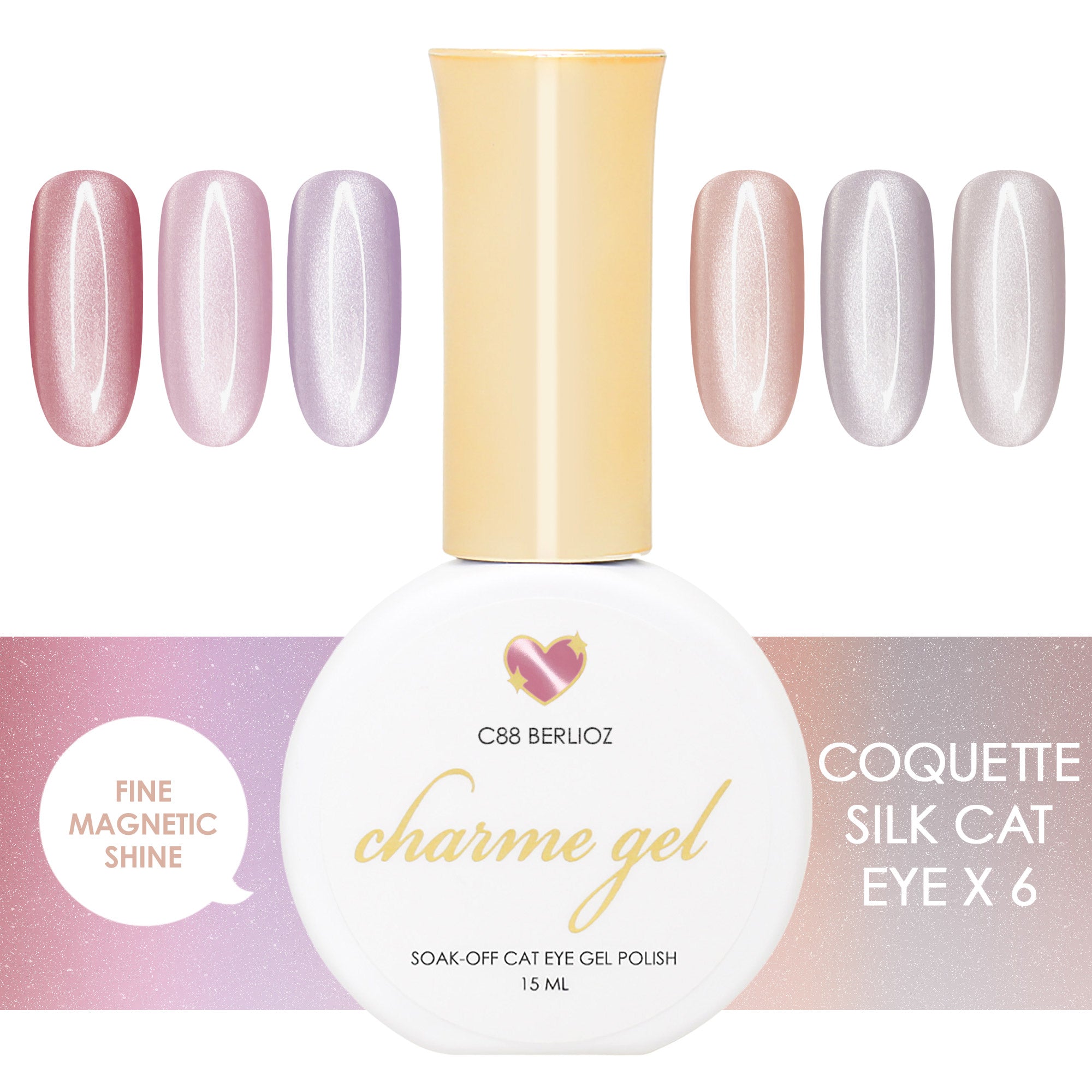 Charme Gel Coquette Silk Cat Eye Collection / 6 Colors Charme Gel Coquette Silk Cat Eye Collection / 6 Colors Fine Satin Magnetic Nail Polish Pink Purple Beige Neutral Trend Soft
