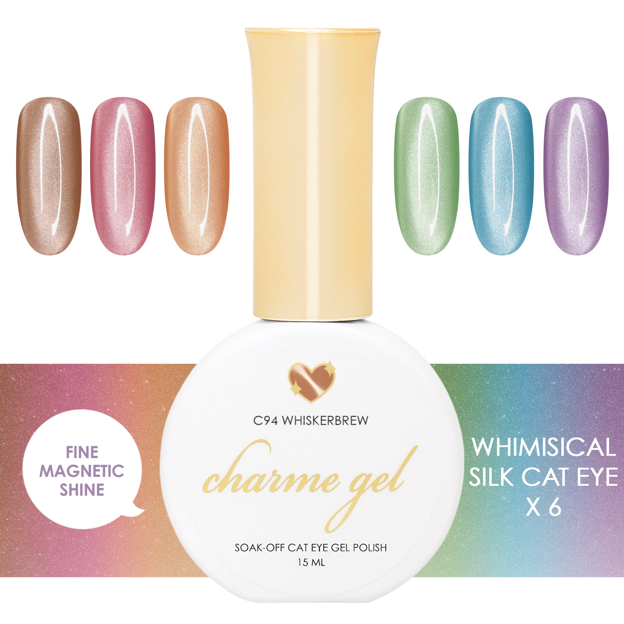 Charme Gel Whimsical Silk Cat Eye Collection / 6 Colors Charme Gel Whimsical Silk Cat Eye Magnetic Nail Polish Collection / Summer Fall Transition Colors Red Purple Blue Green Brown