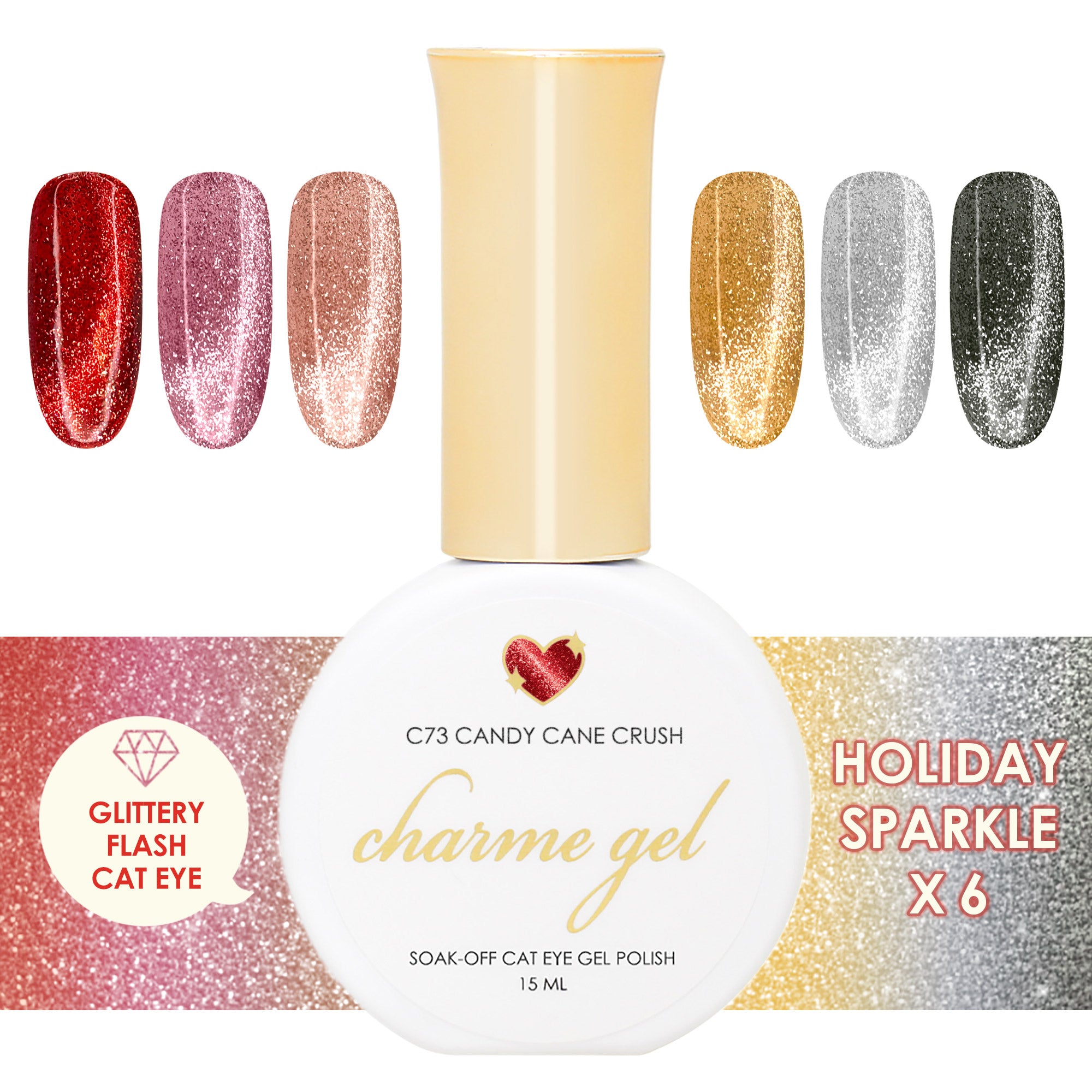 Charme Gel Holiday Sparkle Cat Eye Collection / 6 Colors Charme Gel Holiday Sparkle Cat Eye Collection / 6 Colors Red Pink Silver Gold Black Glitter Magnetic Nail Polish