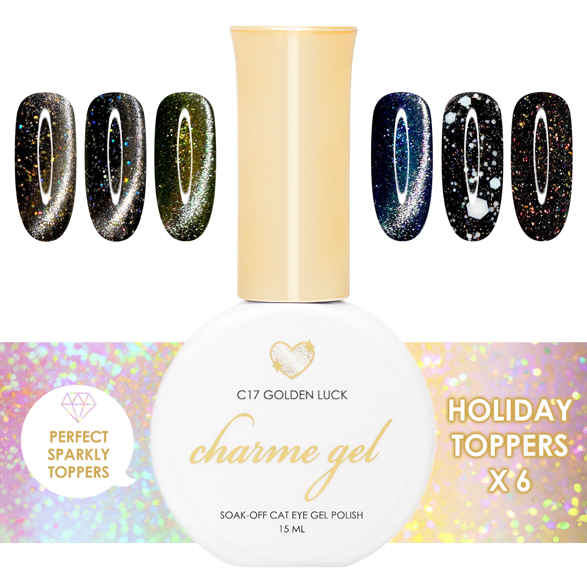 Charme Gel Holiday Toppers Collection / 6 Colors Charme Gel Holiday Toppers Collection Nail Polish Cat Eye Magnetic Flash Clear Snow Holographic Iridescent Colors