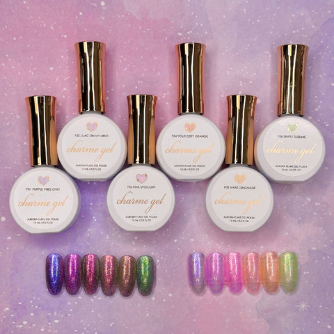 Charme Gel Aurora Flakes Collection / 6 Colors / Spring Shimmer Easter Iridescent Nail Polish