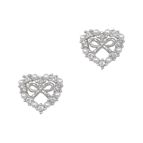 Embedded Bow Heart Frame / Zircon Charm / Silver Coquette Nail