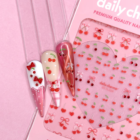 Valentine Bejeweled Nail Art Sticker / Coquette Cherry Red Bow Plaid Crystal Cute