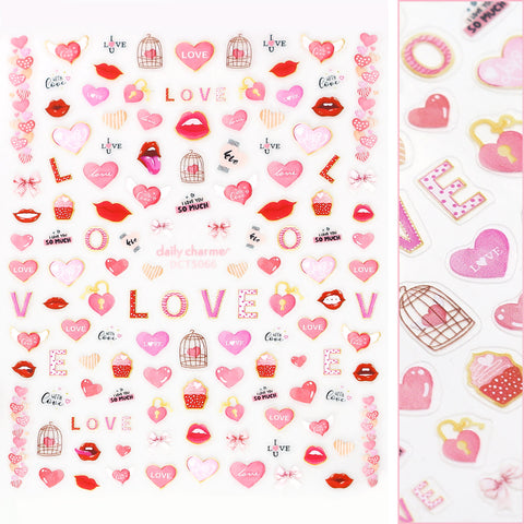 Valentine Nail Art Sticker / With Love Pink Heart Lip Cupcake