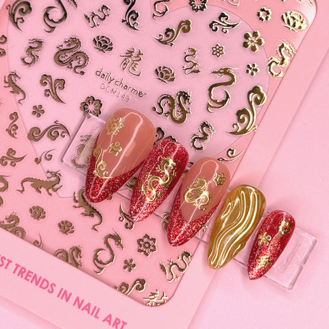 Lunar New Year Nail Art Sticker / Heavenly Dragon Metallic Gold Floral Cloud Chinese