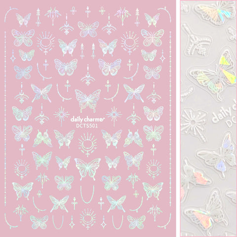 Holographic Butterfly Nail Art Sticker / Whimsical Wings / White