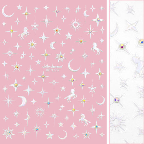 Bejeweled Nail Art Sticker / Starry Unicorn AB Rainbow Crystal 3D Star Sparkle Moon