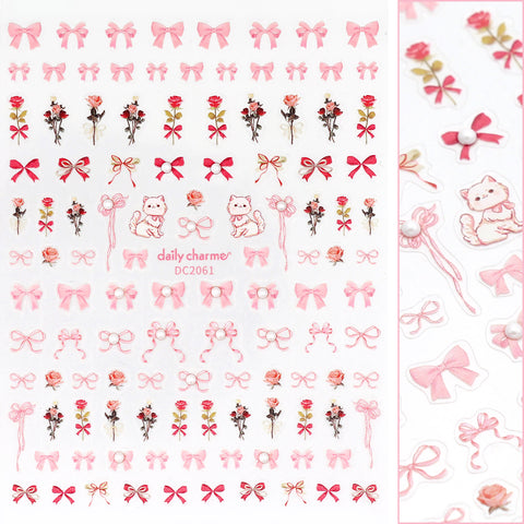Bejeweled Nail Art Sticker / Coquette Roses / Bows / Kittens / Spring Nail Art / Summer / Pink / Decals / Red