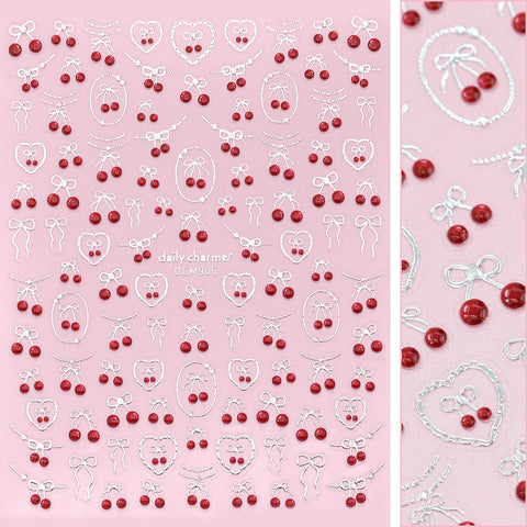 3D Embossed Nail Art Sticker / Cherry Crush Kawaii Cute Silver Chrome Nails