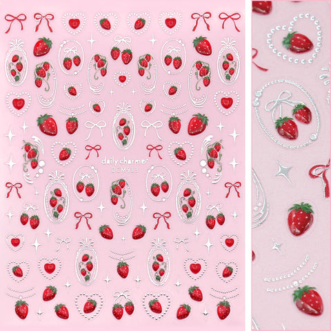 3D Embossed Nail Art Sticker / Strawberry Glitz Silver Chrome Cute Design GenZ Summer