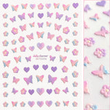 3D Embossed Nail Art Sticker / Spring Flutter Pastel Heart Flower Butterfly