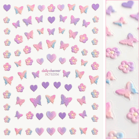 3D Embossed Nail Art Sticker / Spring Flutter Pastel Heart Flower Butterfly