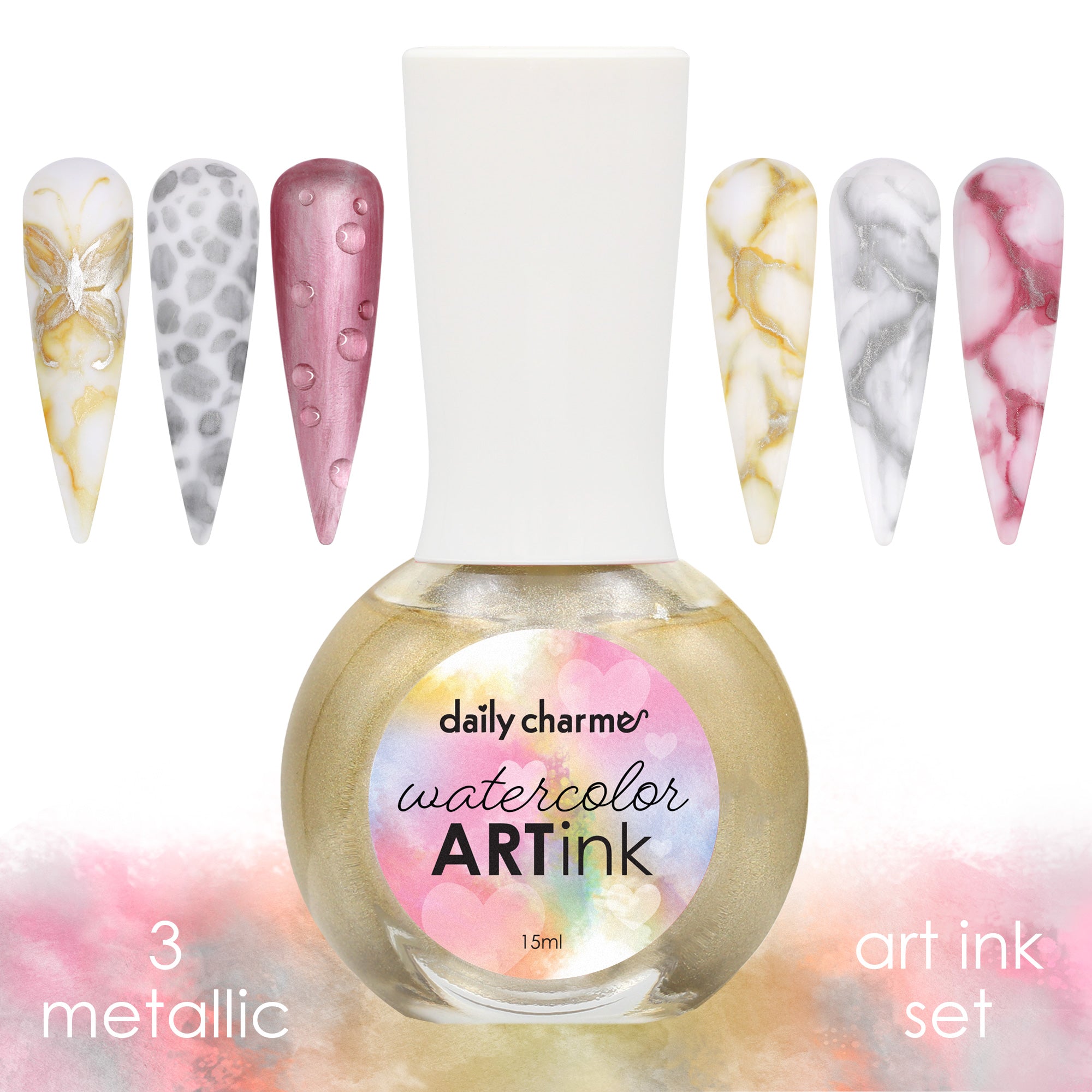 Daily Charme Metallic Watercolor Art Ink Set / 3 Colors Daily Charme Metallic Watercolor Art Ink Set / 3 Colors Gold Silver Pink Nail Supplies
