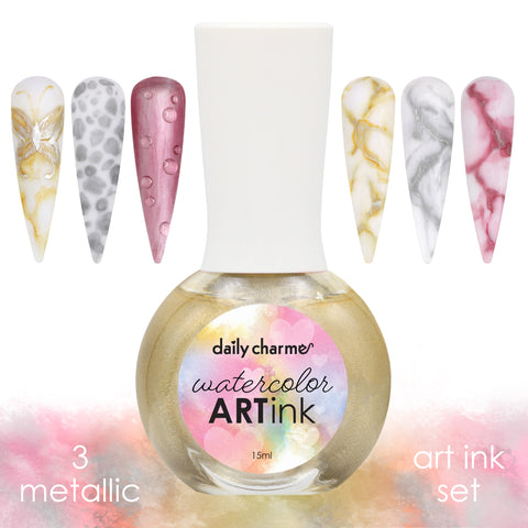 Daily Charme Metallic Watercolor Art Ink Set / 3 Colors Gold Silver Pink Nail Supplies