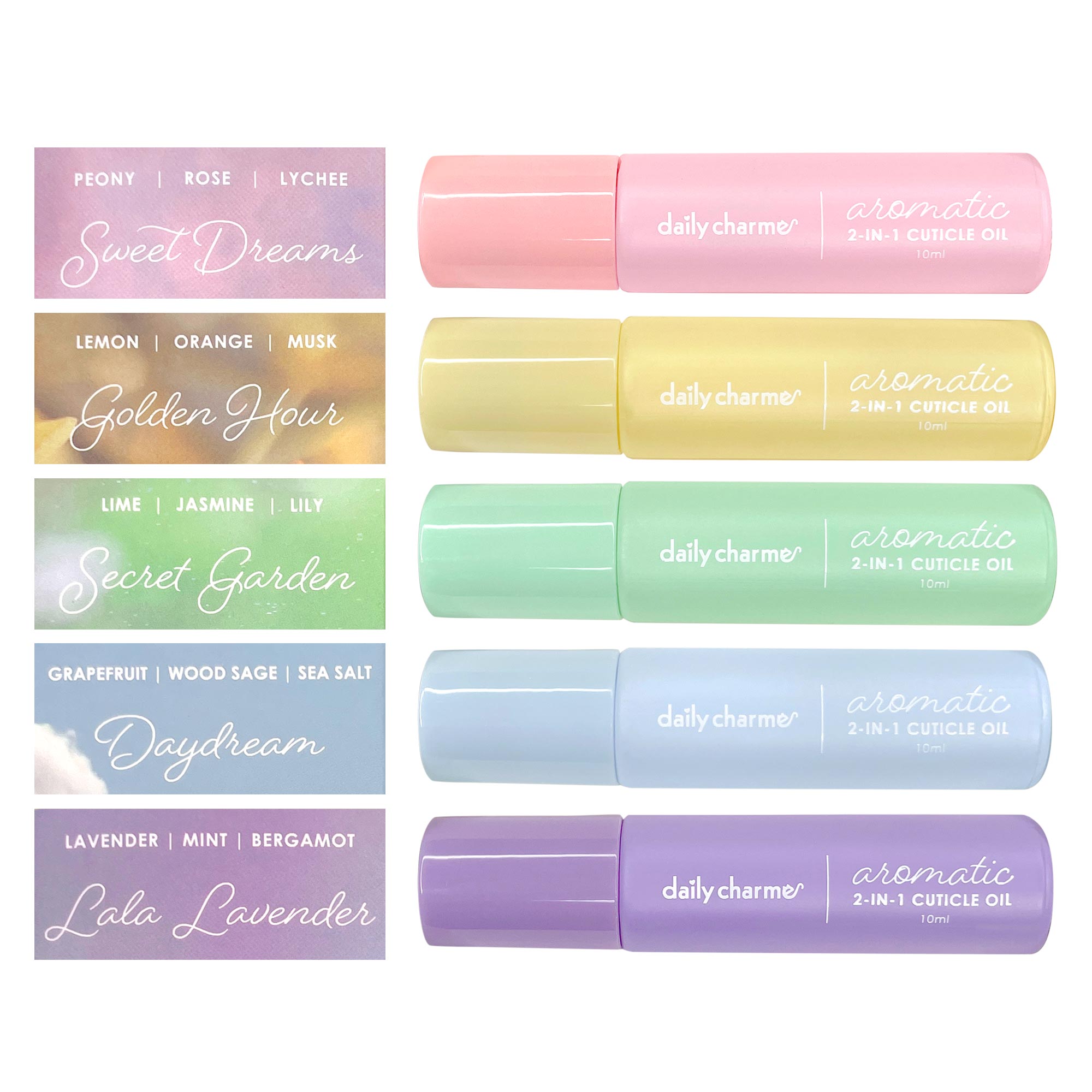 Daily Charme Aromatic 2-in-1 Cuticle Oil Roller / Set Daily Charme Aromatic 2-in-1 Cuticle Oil Roller / Set Rose Lavender Nourishing Manicure Sage Lemon Jasmine