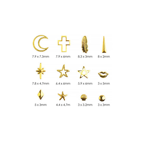Nail Art Gold Metal Stud Decors Mix Box Set / 12 Shapes