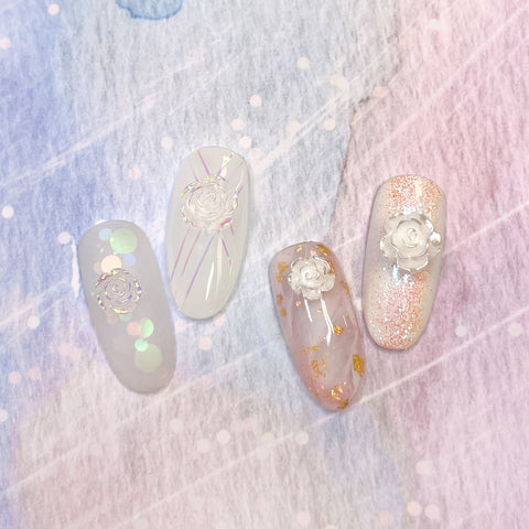 Wedding Nail Idea Trend Lovely Resin White Roses Mix / Iridescent Rainbow AB