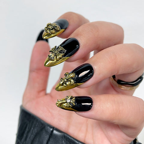 Nail Gems Set / Chrome Icons / Antique Gold Chrome Hearts Inspired Nail Decor Charm Jewelry Cross