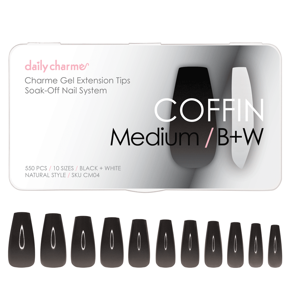 Charme Gel Extension Tips / Coffin / Medium / B+W Charme Gel Extension Tips / Coffin  Medium Transparent Black White