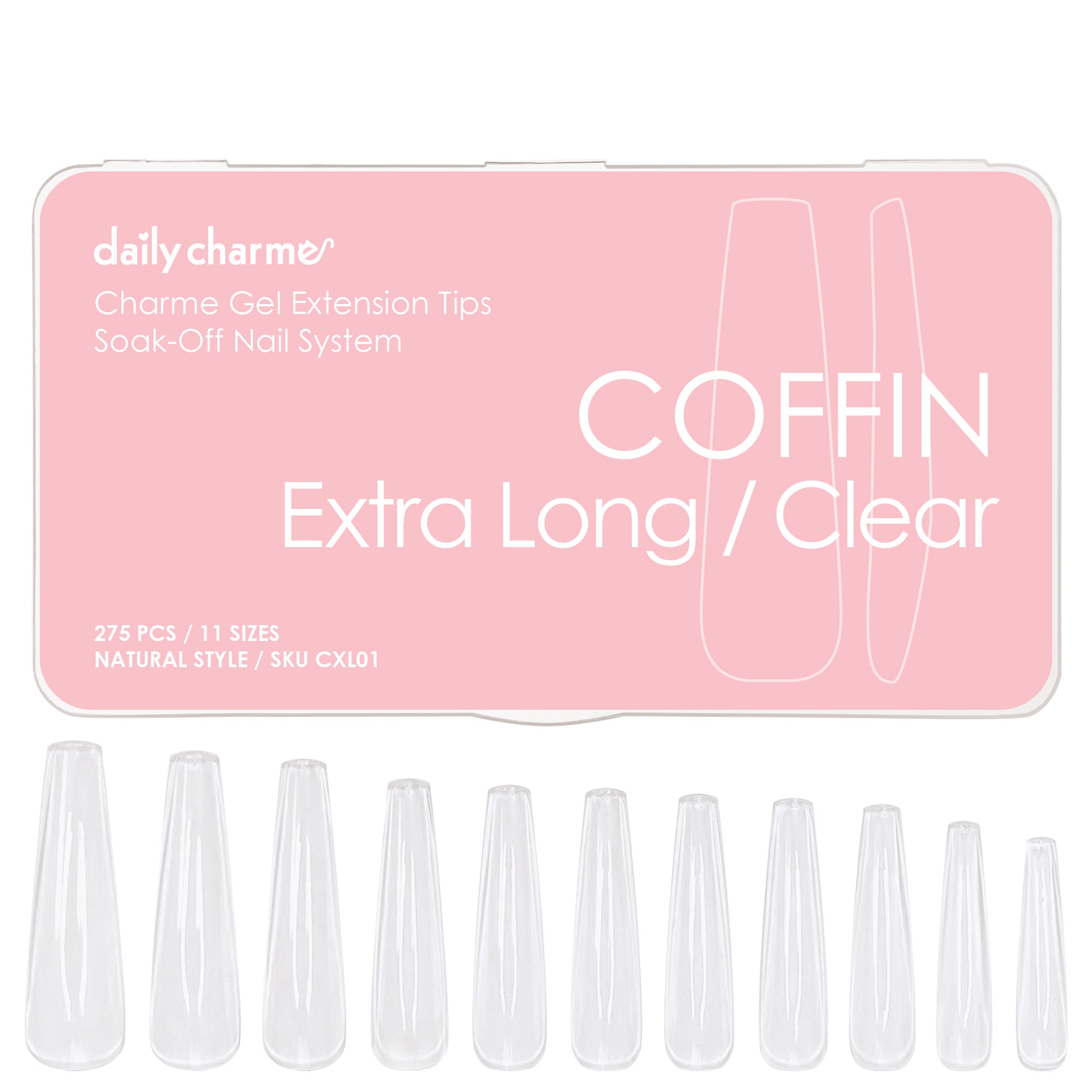 Charme Gel Extension Tips / Coffin / Extra Long / Clear Charme Gel Extension Tips / Coffin Ballerina Extra Long / Clear Gel Nail