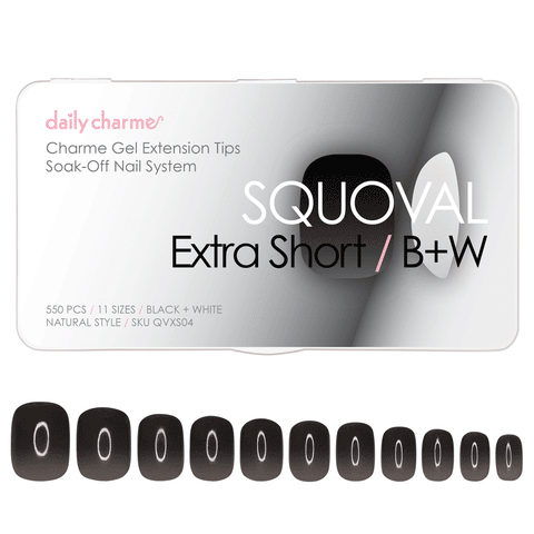 Charme Gel Extension Tips / Squoval / Extra Short / Black White Transparent