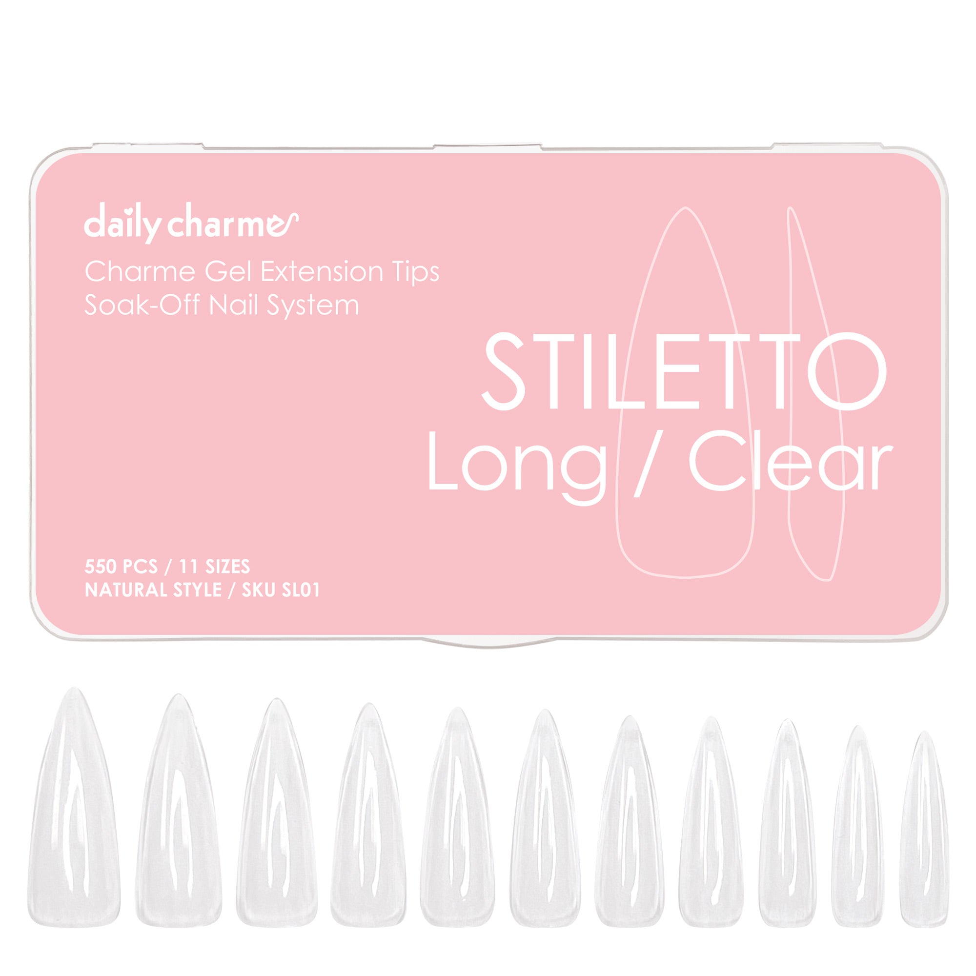 Charme Gel Extension Tips / Stiletto / Long / Clear Nail Chips