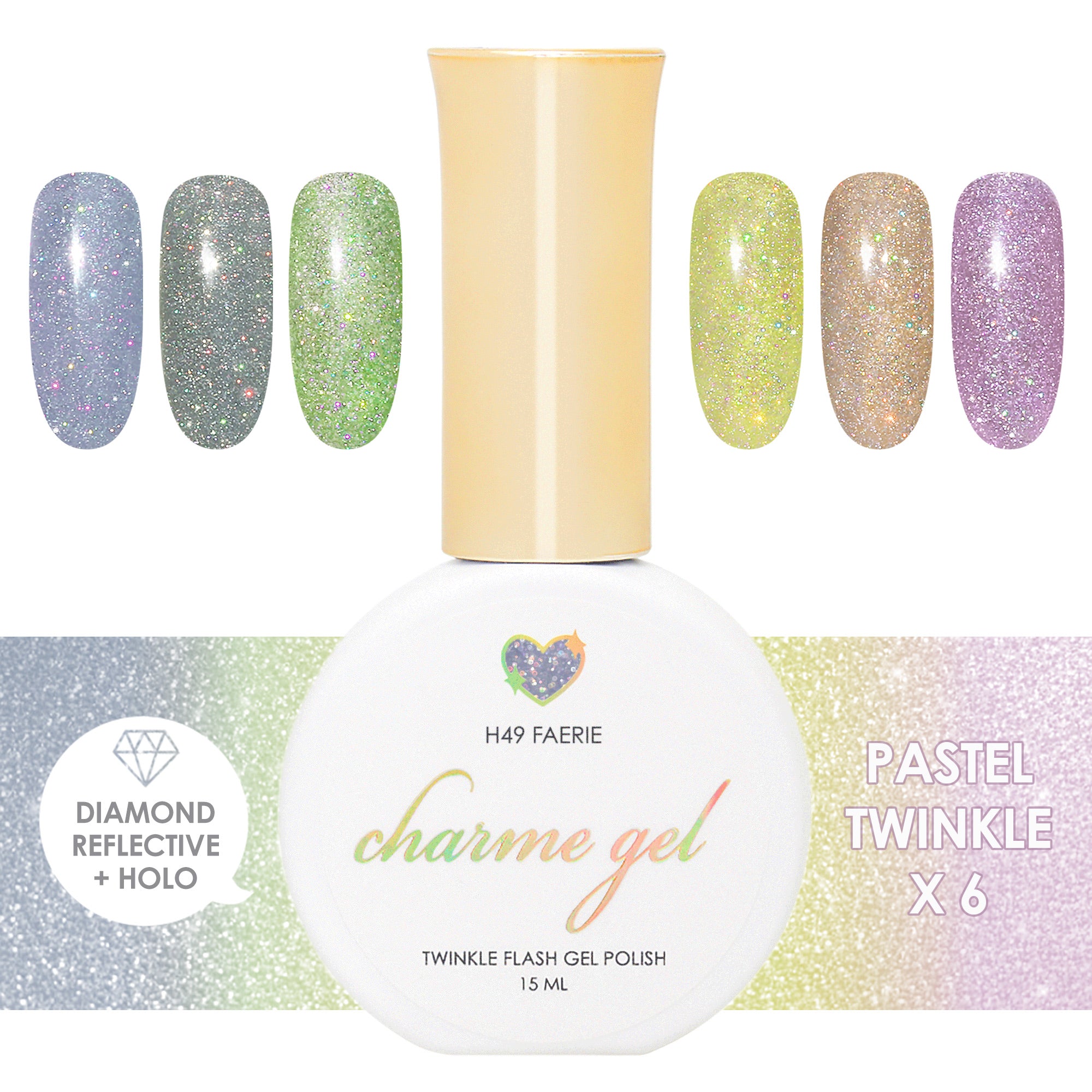 Charme Gel Pastel Holo Twinkle Flash Collection / 6 Colors Charme Gel Pastel Twinkle Flash Collection / 6 Colors Spring 2023 Glitter Reflective Polish Green Beige Purple Trendy Nails