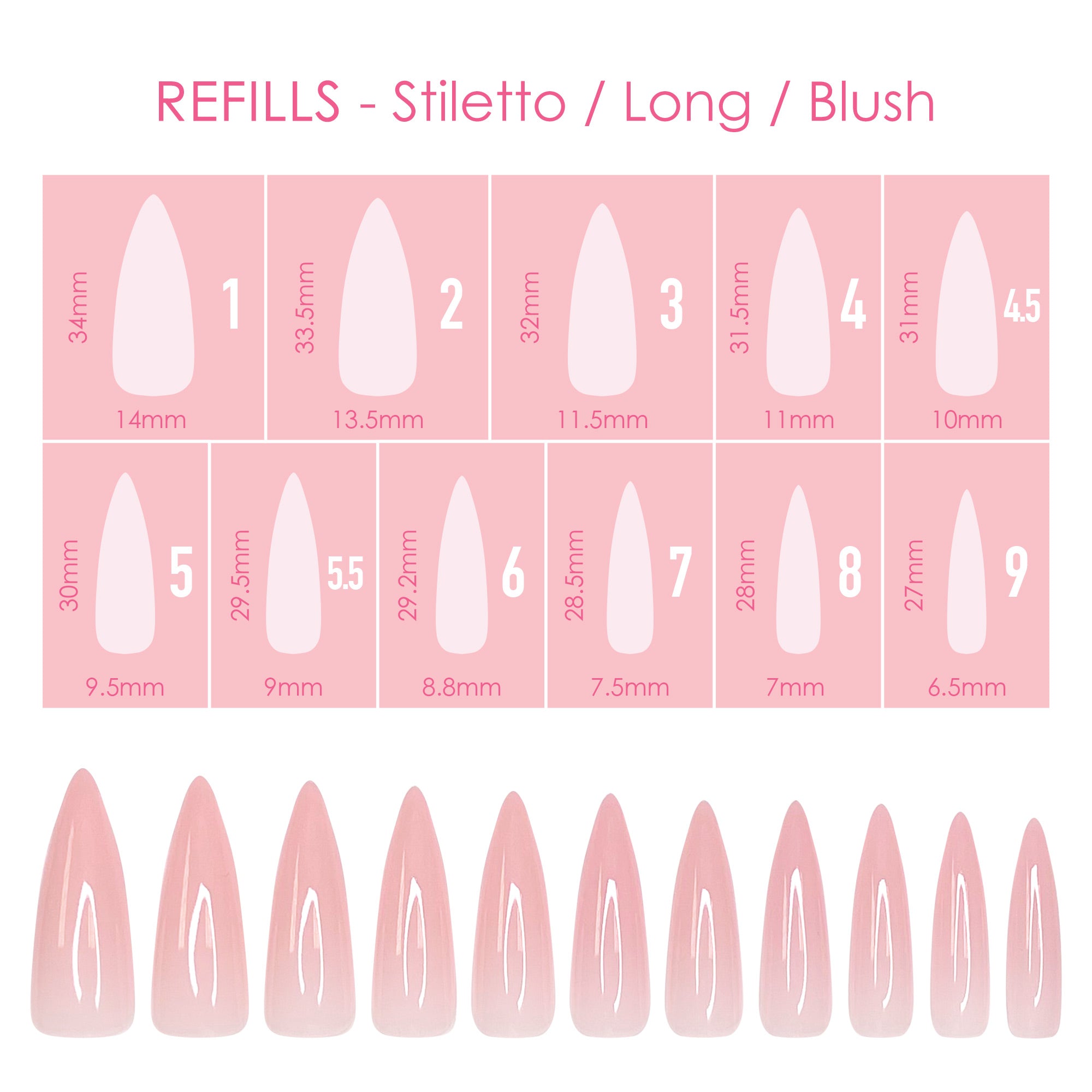 Charme Gel Extension Tips Refill / Stiletto / Long / Blush
