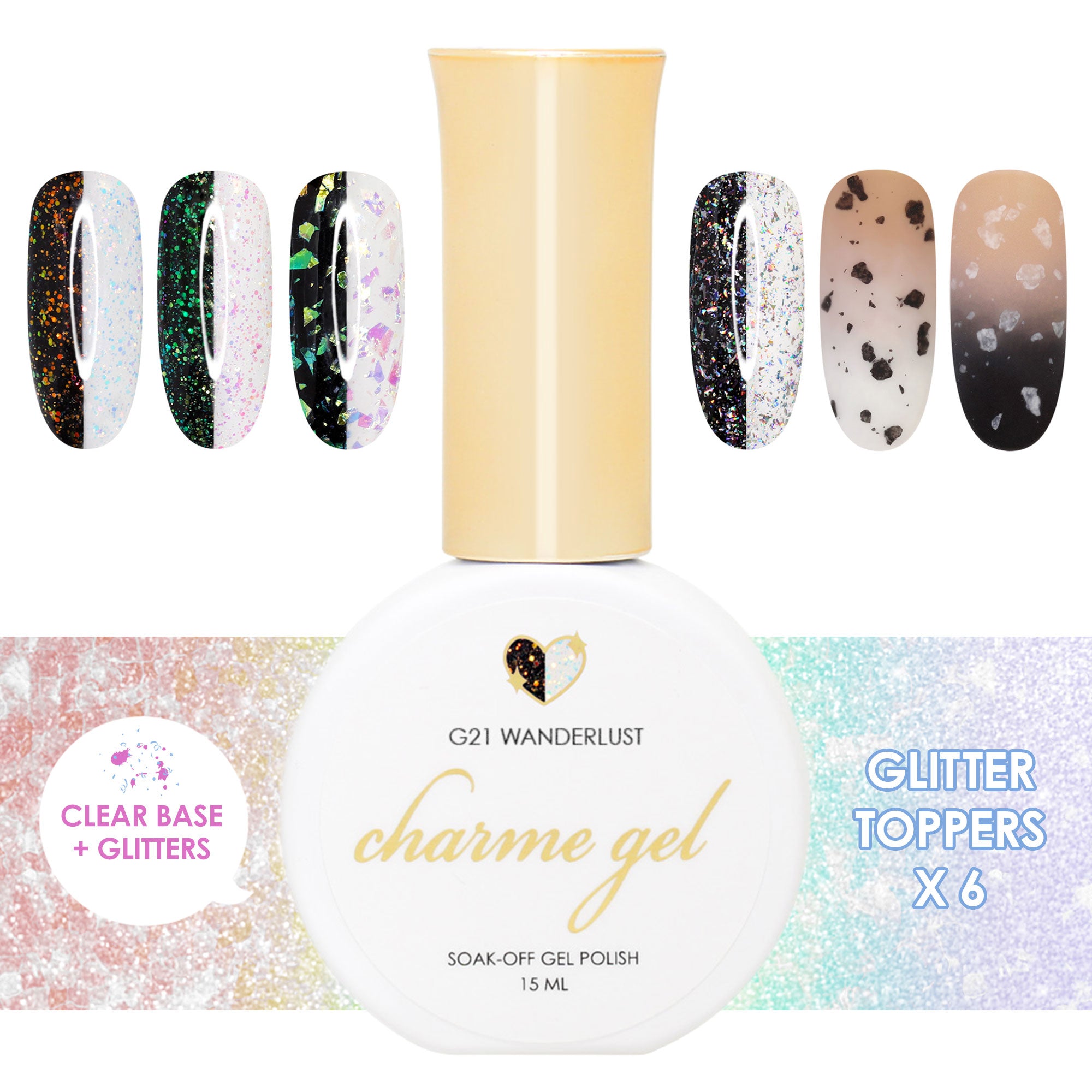 Charme Gel Glitter Toppers Collection / 6 Colors Charme Gel Glitter Toppers Collection / 6 Colors Iridescent Flake Holographic Eggshell Polish