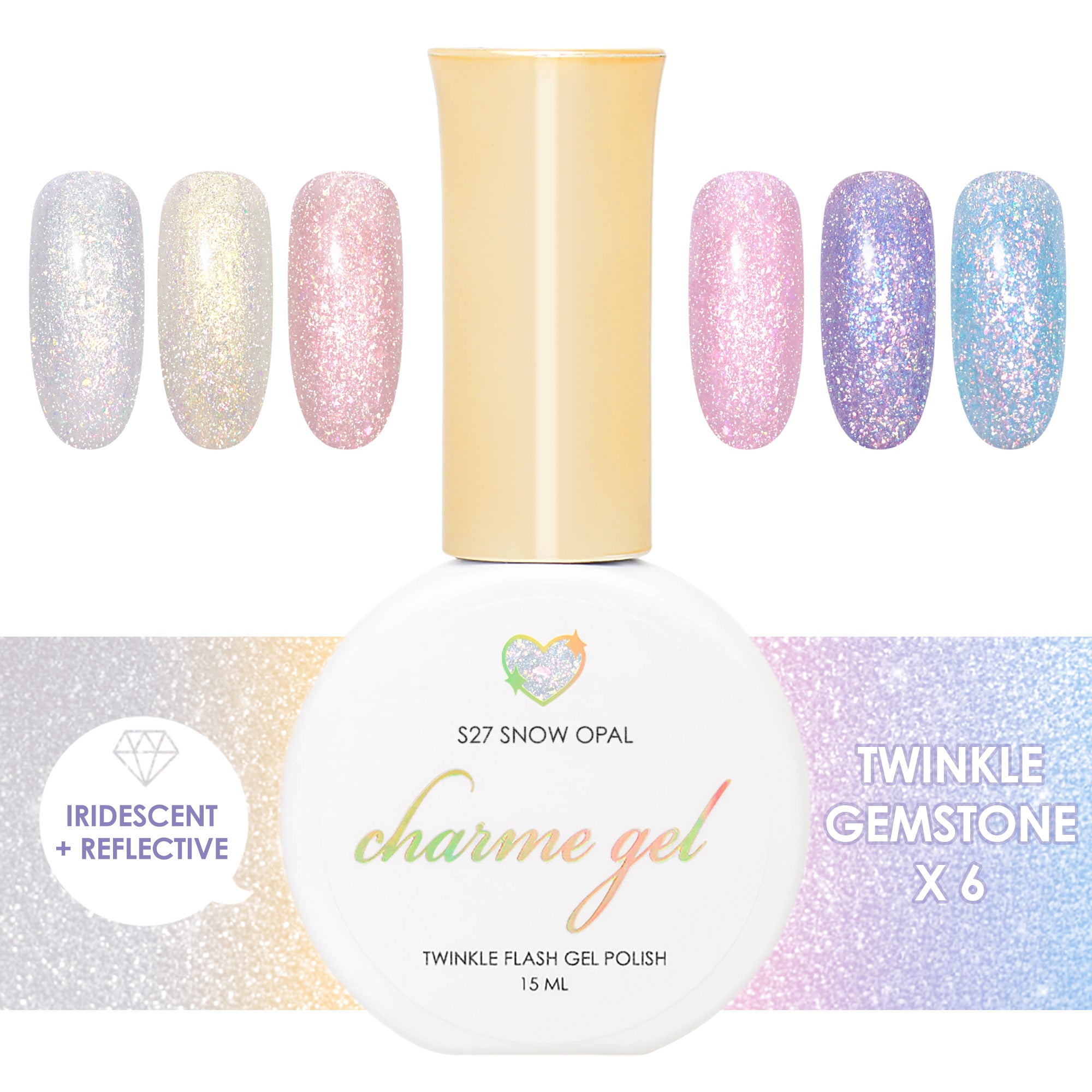 Charme Gel Twinkle Gemstone Collection / 6 Colors Crystal Amethyst Pink Opal Aura Iridescent Polish Purple Blue