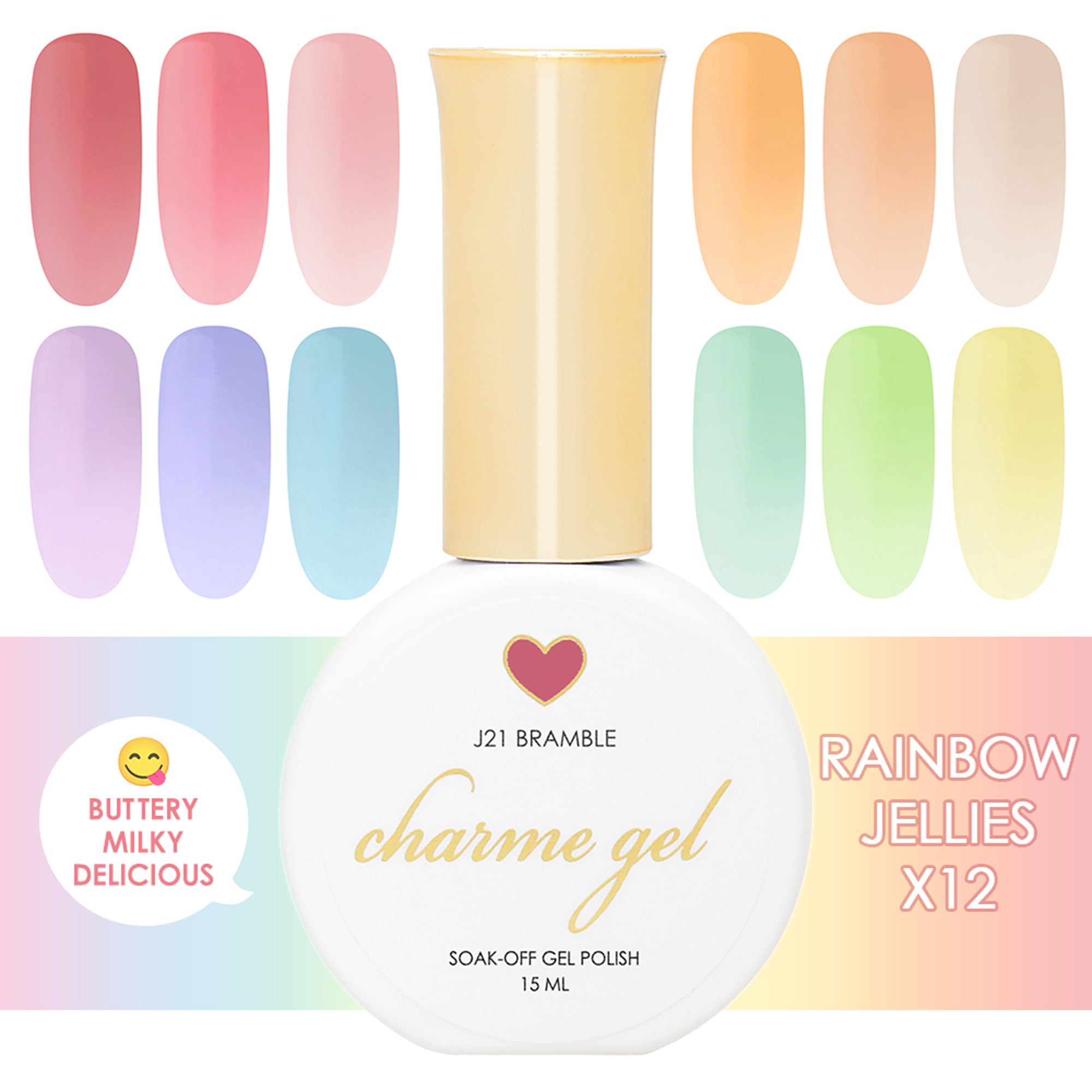 Charme Gel Rainbow Jelly Collection / 12 Colors Charme Gel Rainbow Jelly Collection / 12 Colors Pastel Sheer Nail Polish Pink Orange Yellow Green Purple