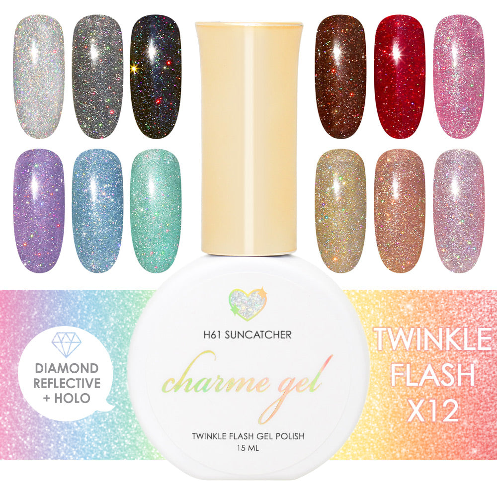 Charme Gel Holographic Twinkle Collection / 12 Colors Charme Gel Holographic Twinkle Collection / 12 Colors Rainbow Black Red Pink Blue Green Rose Gold Flash Diamond Reflective Nail Polish