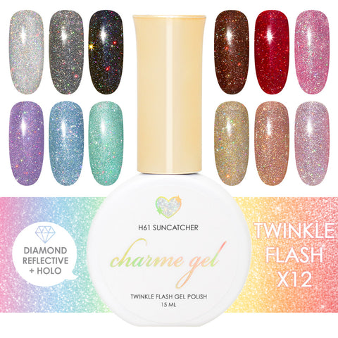 Charme Gel Holographic Twinkle Collection / 12 Colors Rainbow Black Red Pink Blue Green Rose Gold Flash Diamond Reflective Nail Polish