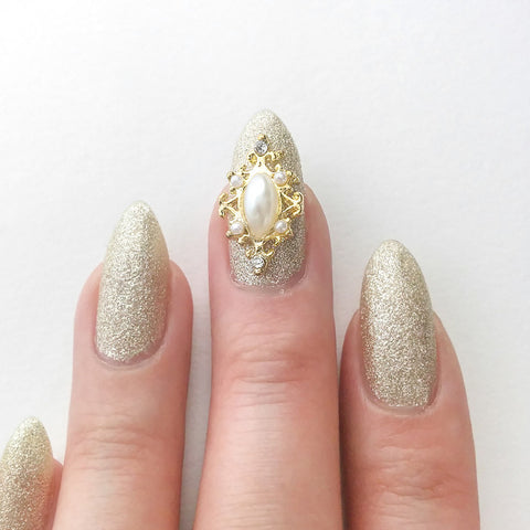 Nail Art Decoration - Delicate Framed Pearl / Gold