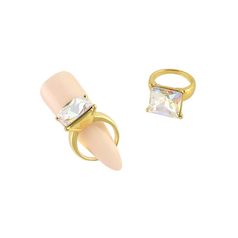 Square Diamond Ring Nail Charm Jewelry Gold 3D Bling AB