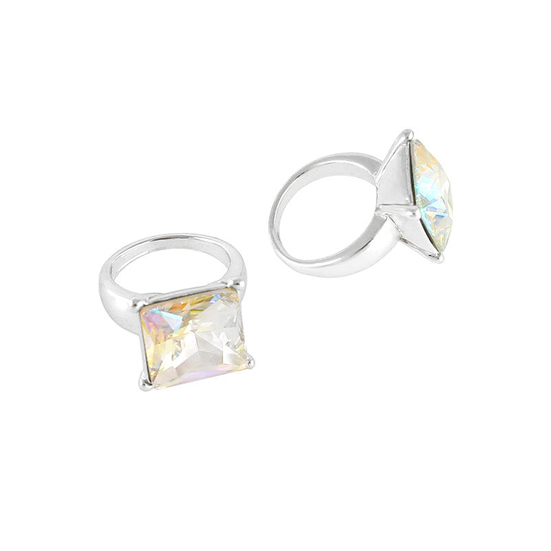 Square Diamond Ring / Silver / AB Crystal Square Diamond Ring Nail Charm Jewelry Silver 3D Bling AB