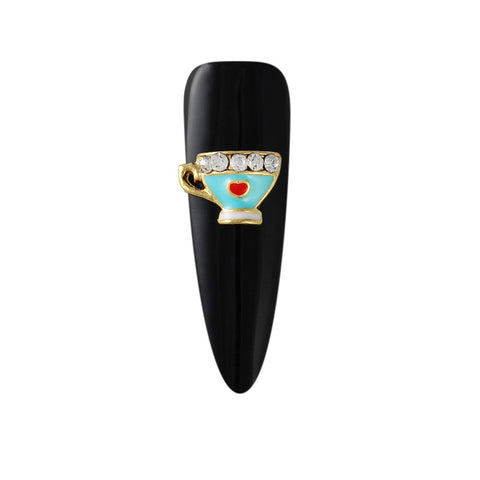 Lovely Tea Cup Gold Blue Nail Charm Jewelry 3D
