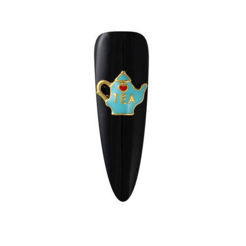 Lovely Tea Pot Gold Blue Nail Charm Jewelry 3D