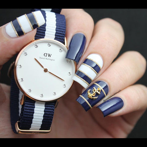 Daniel Wellington Watch Navy Nail Art Royal Anchor Gold Blue DIY