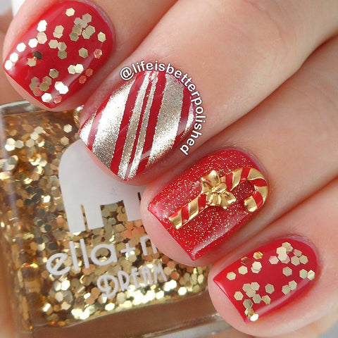 Christmas Nail Art Charm Candy Cane Gold Rhinestone Crystal Jewelry