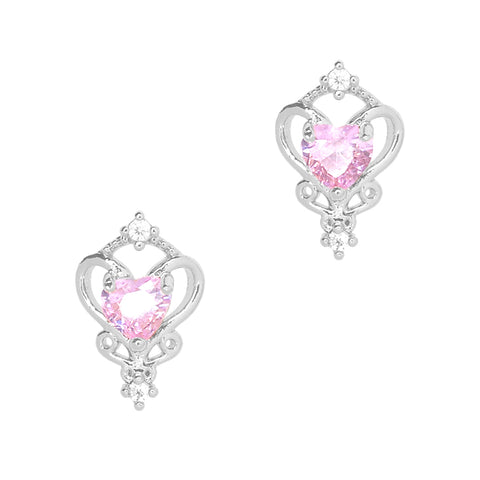 Daily Charme Nail Art | Silver Pure Heart Zircon Nail Charm Pink Stone