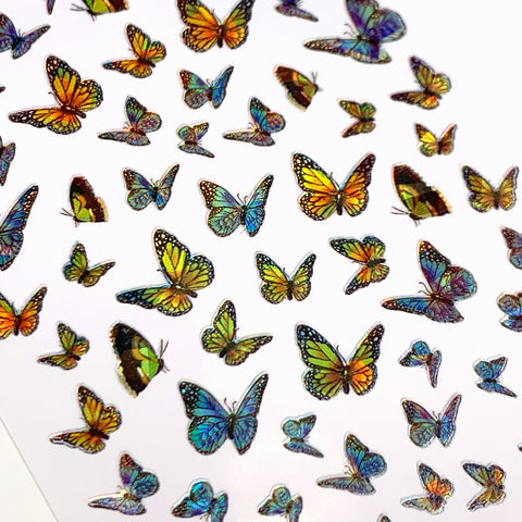 Holographic Butterfly Nail Art Sticker / Monarch Blue Yellow
