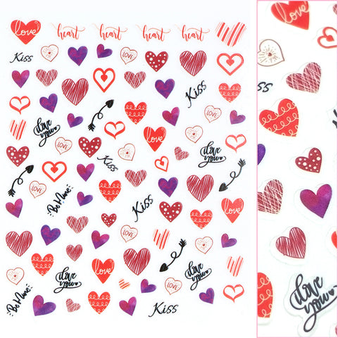 Valentine Nail Art Sticker / Heart Scribbles Doodle Design Red Kiss