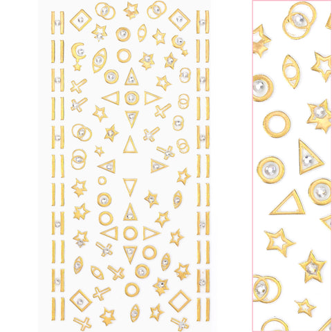Daily Charme Gold Bejeweled Nail Art Sticker with Crystals / Mystic Geometric Shapes Triangle Star Bars