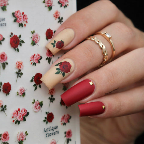 Floral Nail Art Sticker / Antique Roses Pink Red Valentine Design Nailsandtowel